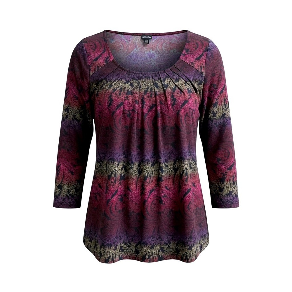 Rafaella Womens Purple Pink Paisley Print 3/4 Sleeve Pleated Scoop Neck Top M